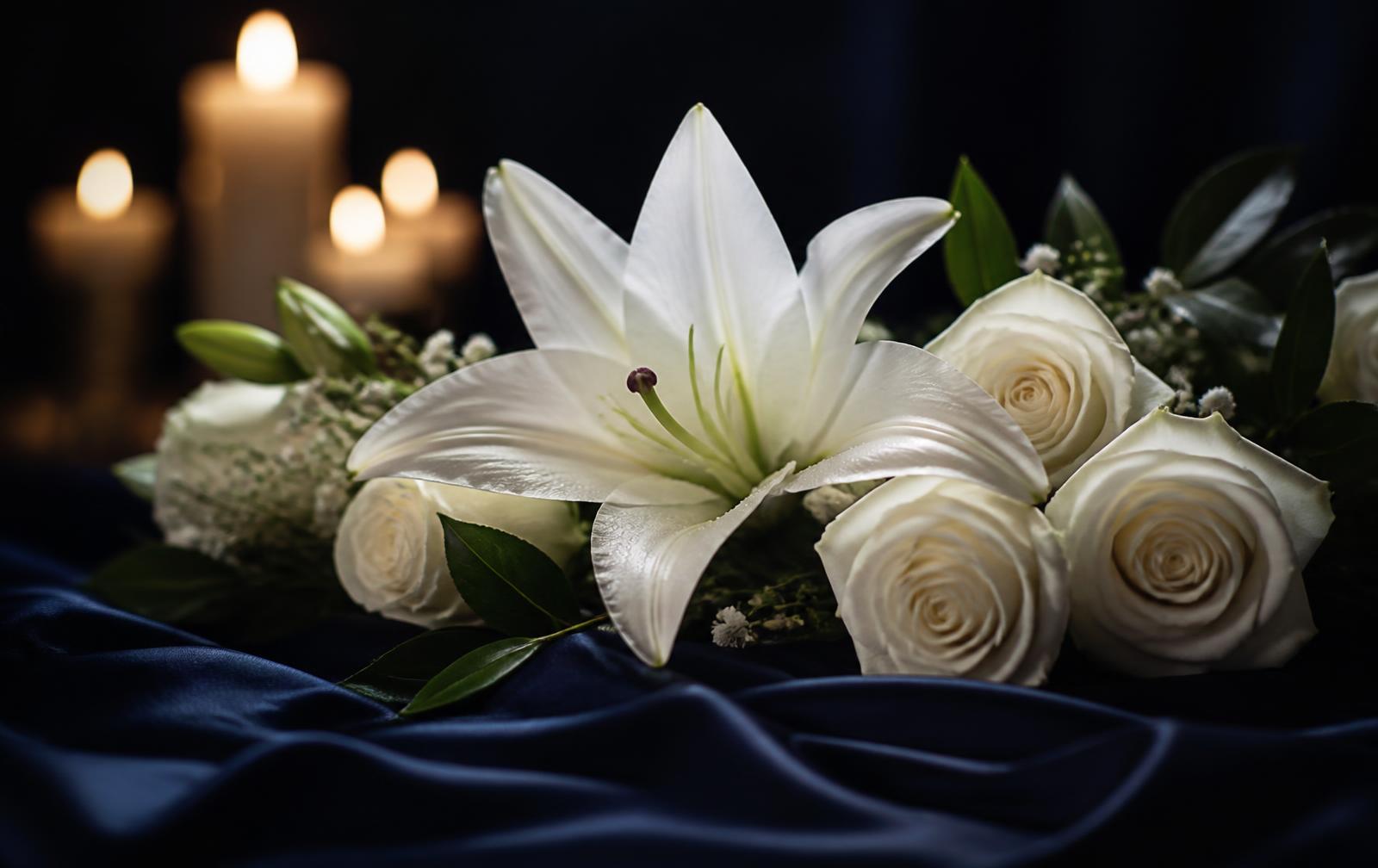 White lily and roses resting on navy silk beside memorial candles